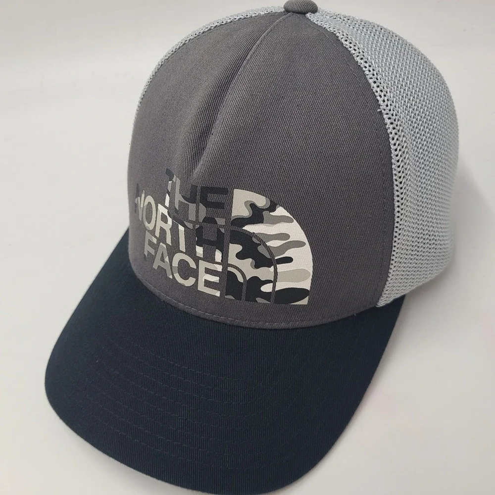 The North Face Hat Snapback Trucker Mesh Gray Black Camo Logo Outdoors Hike Men